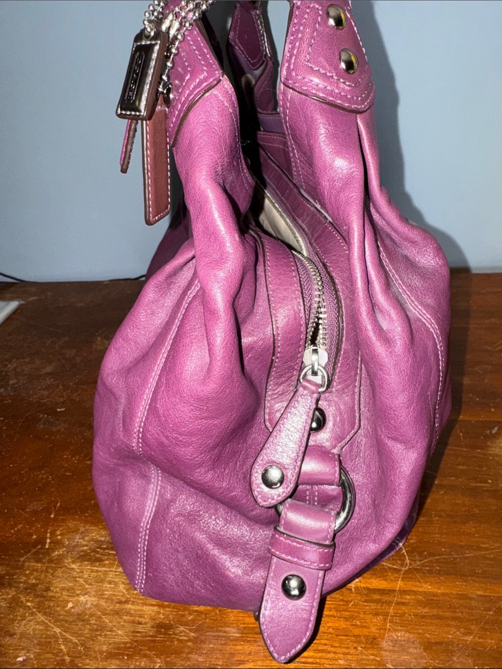 Coach Plum Leather Shoulder Bag with Silver Hardware - Picture 5 of 15